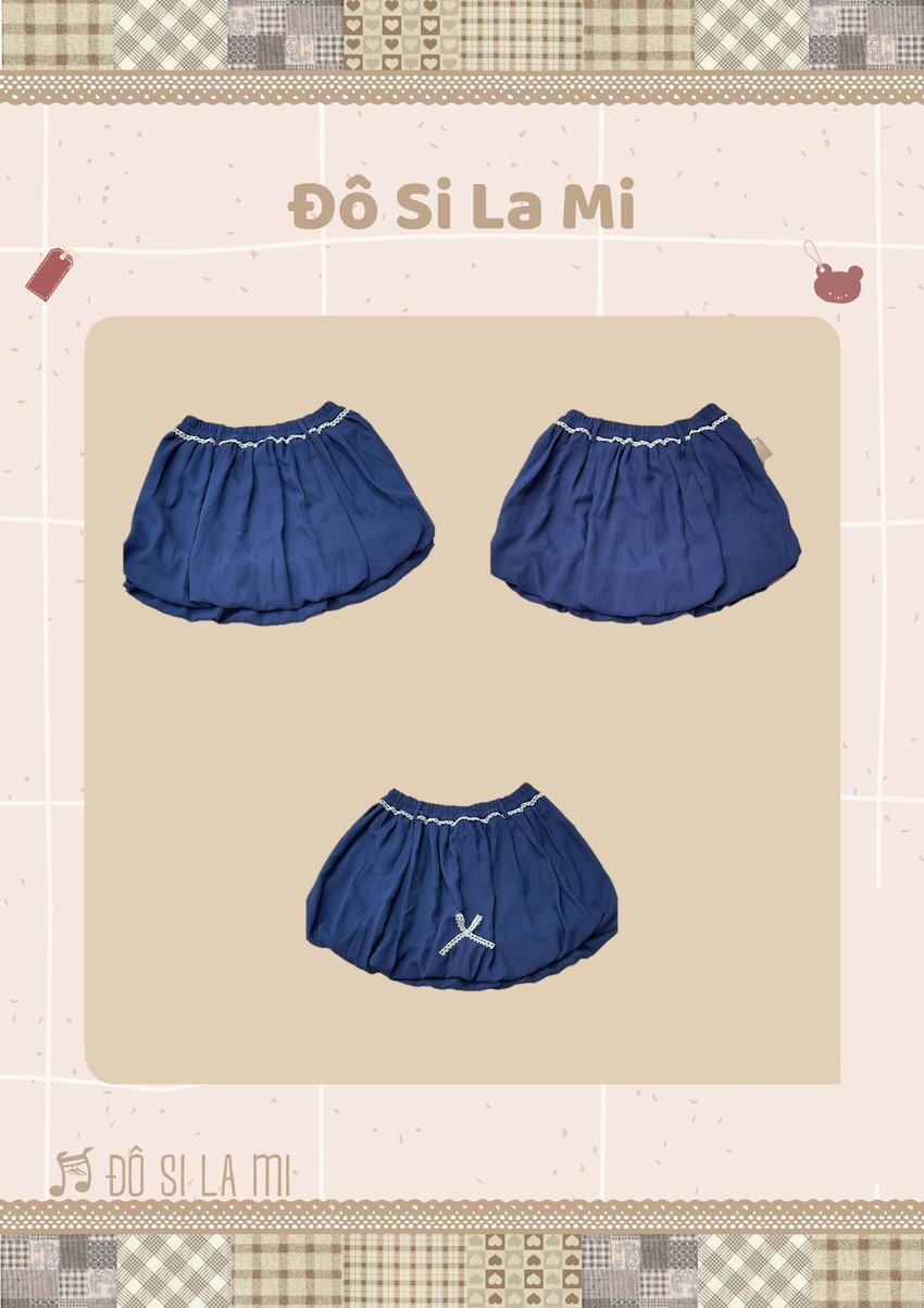 Chân váy trơn màu navy bồng gấu tròn viền ren