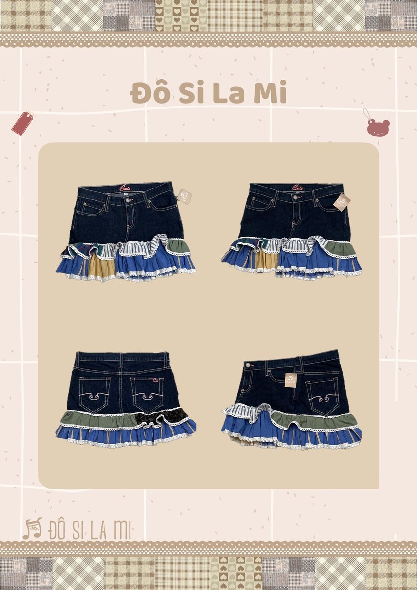 Chân váy jean tối màu patchwork bèo ren kẻ sọc nhiều màu